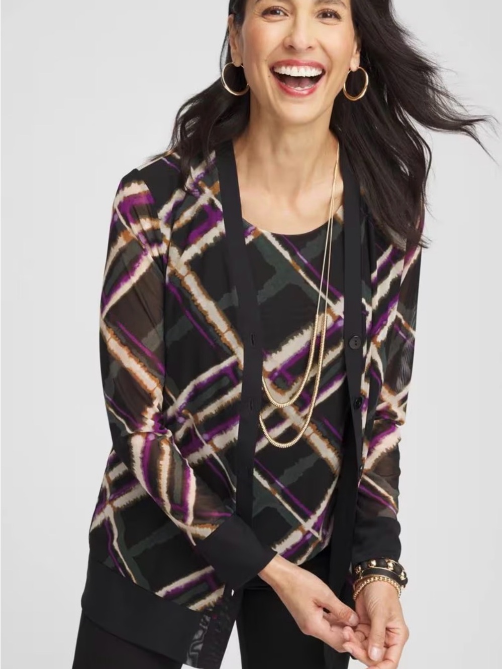Chico's Black Cardigan with Purple and Cream Geometric Print